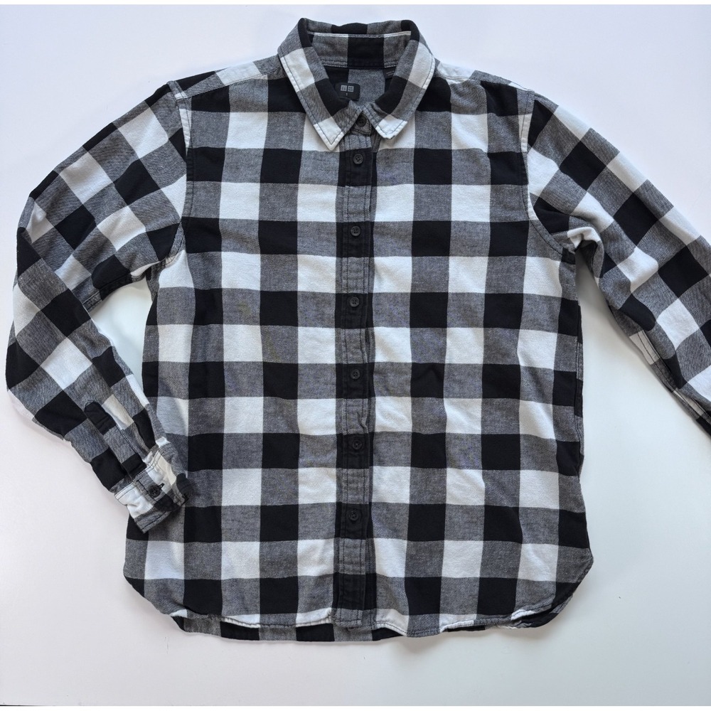 UNIQLO Buffalo Check Long Sleeve Button Up Shirt Flannel Women Small Black White